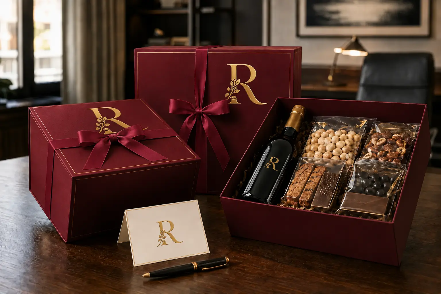 Premium corporate gift boxes arranged in an elegant office